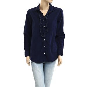 Kerri Rosenthal Ruffle Long Sleeve Tunic Shirt Top Buttondown Navy S New 283481